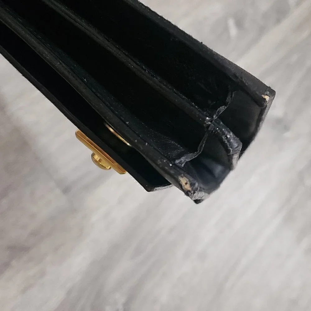 Vintage Genuine Leather Top Handle Handbag Black Gold - Picture 5 of 10